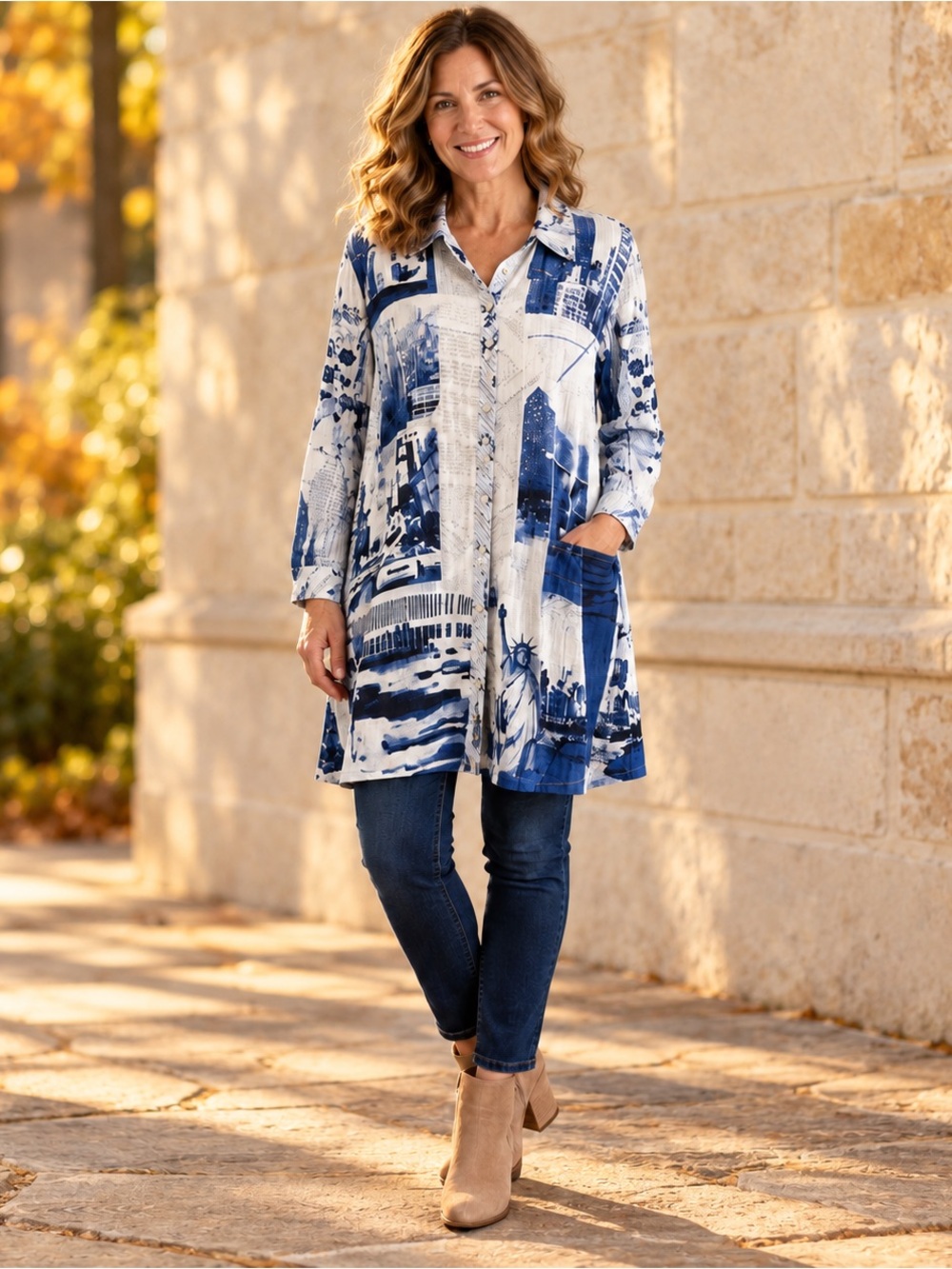 John Mark XL New York Cityscape Button Front Tunic Blue White Artsy